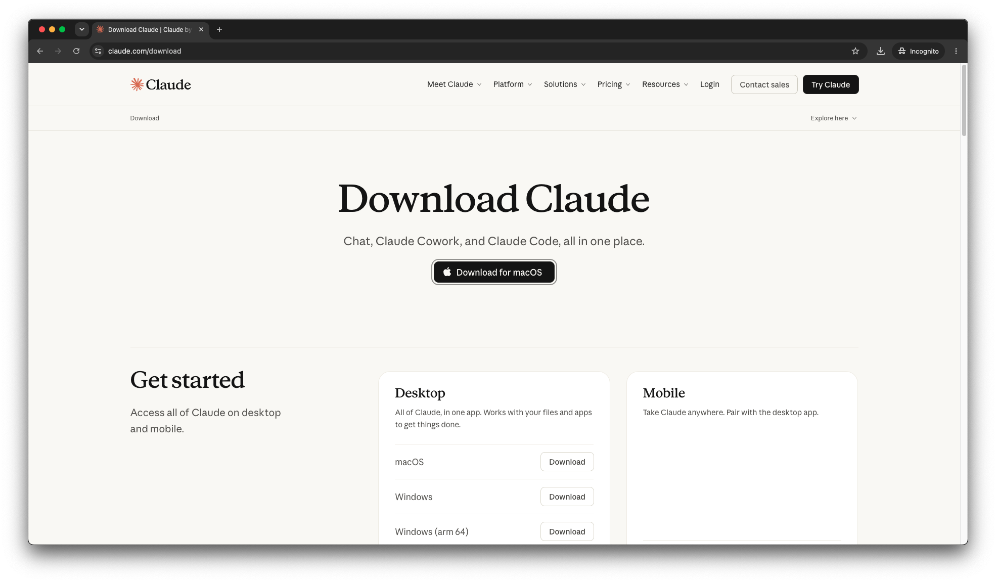 The claude.com/download page in a browser, with the Download for macOS button