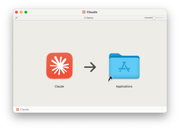 The Mac installer window: the Claude icon, an arrow, and the Applications folder