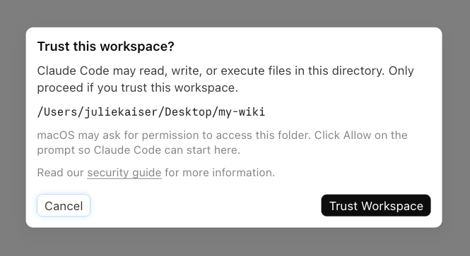 The Trust this workspace dialog showing the my-wiki folder path, with Cancel and Trust Workspace buttons